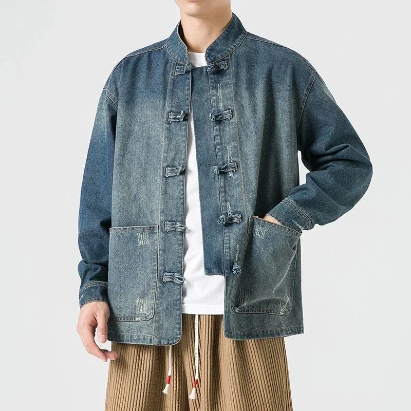 Retro Chinese Style Washed Denim Shirt