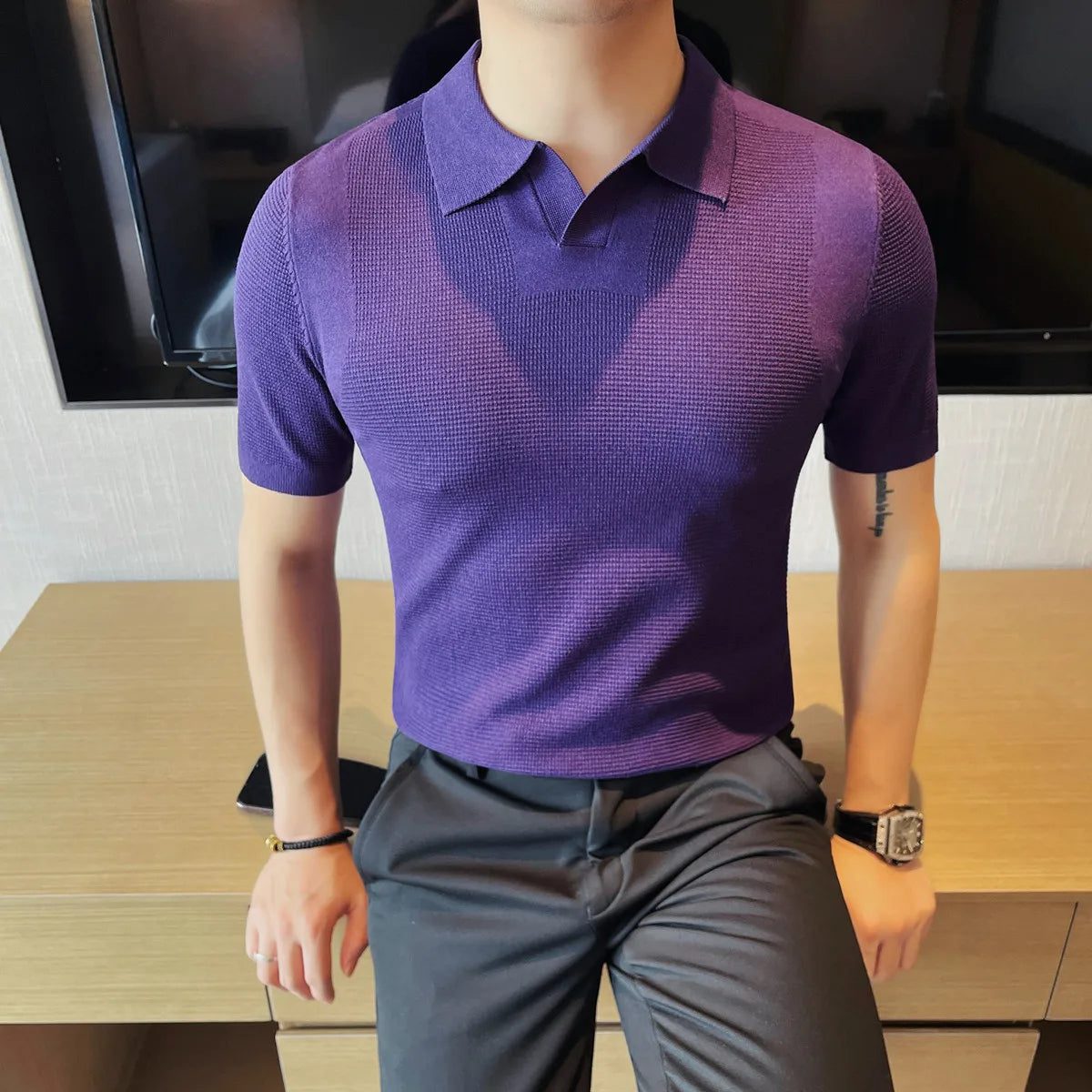 Solid V-neck Turn-Down Collar Knitted Polo Shirt