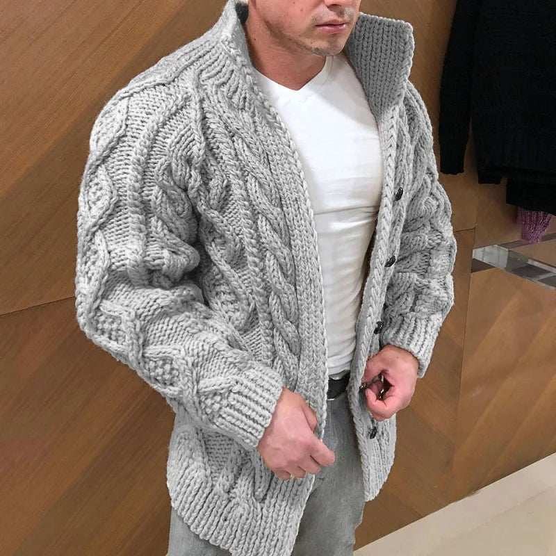 Solid Fitted Cable-knit Stand Collar Cardigan