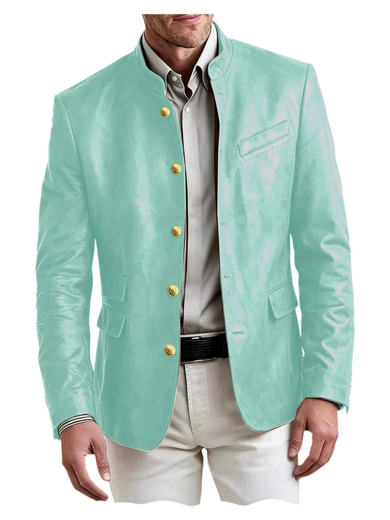 Golden Metal Buttons Leather Jacket
