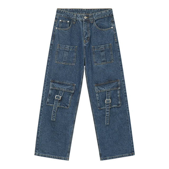 Pockets Belt Blue Denim Straight Jeans