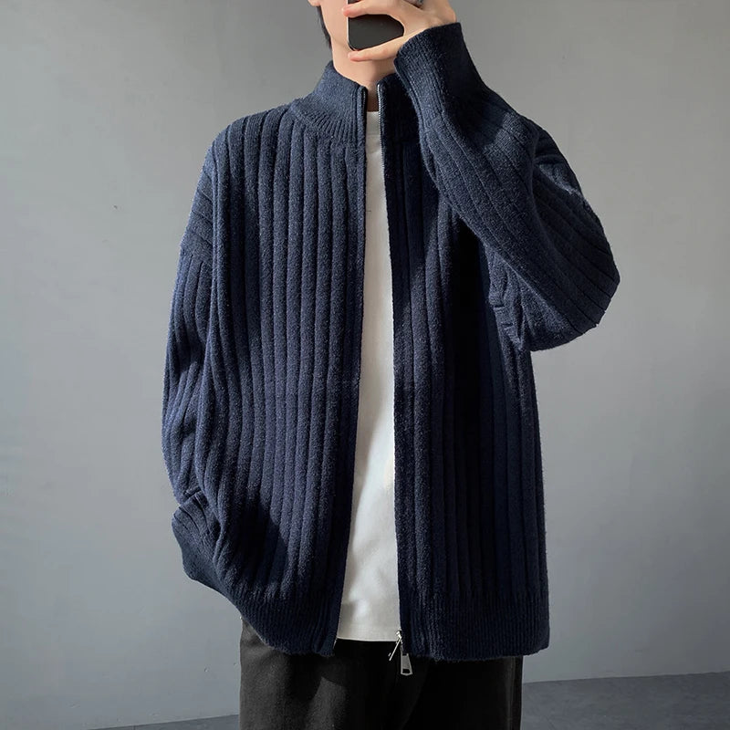 Stand Collar Striped Knitted Cardigan