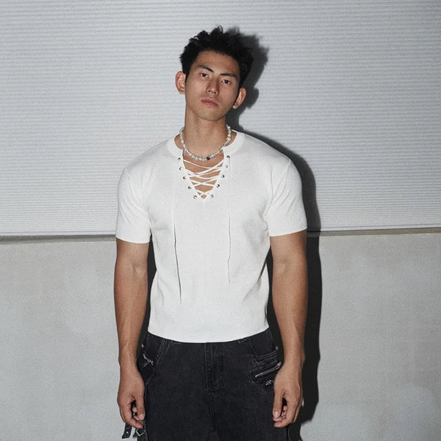 V-Neck Lace-Up Solid T-Shirt