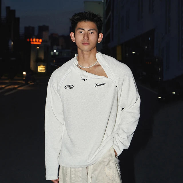 Double Neck Zipper Long Sleeved T-Shirt