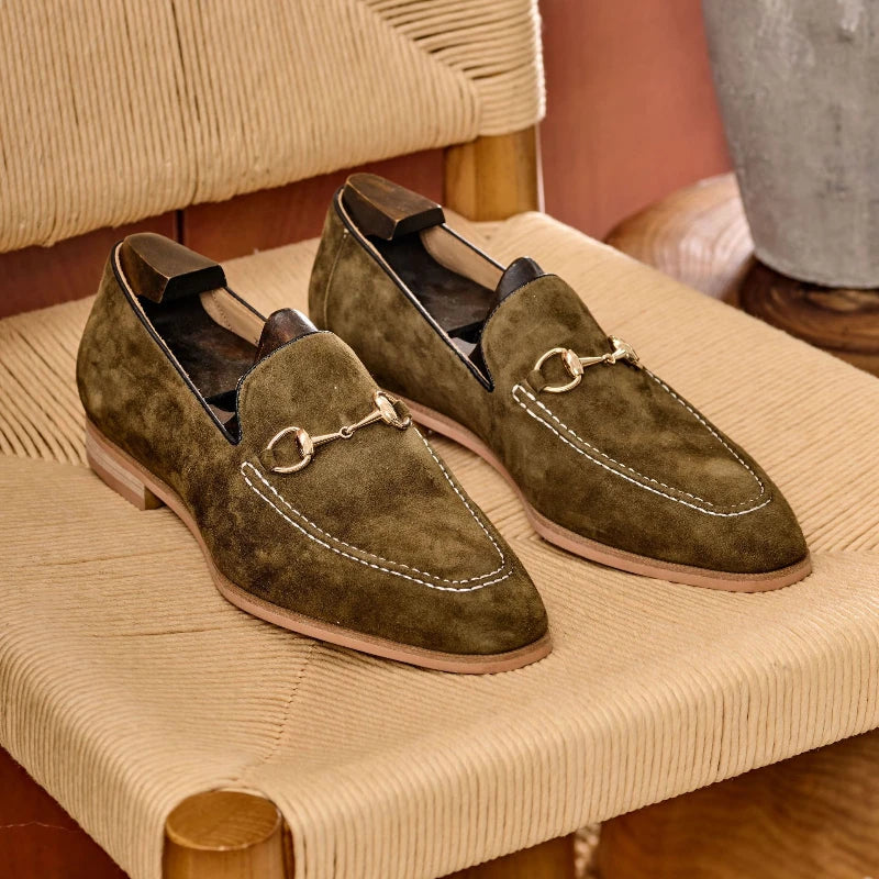 Metal Buckle Appliques Suede Leather Loafers