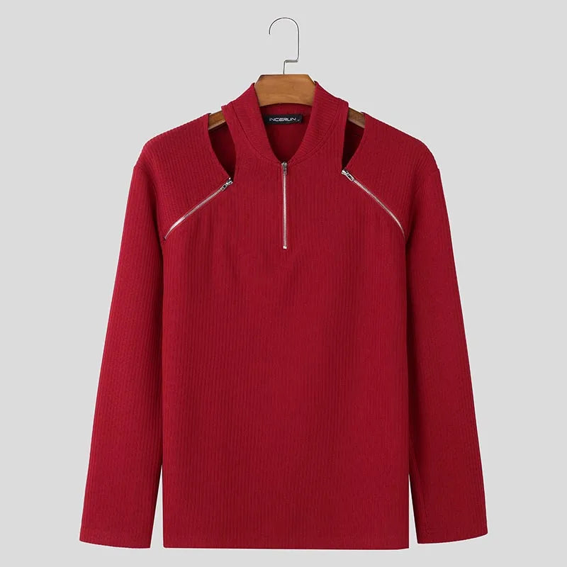 Knitted Hollow Zipper Design Long Sleeve T-Shirt