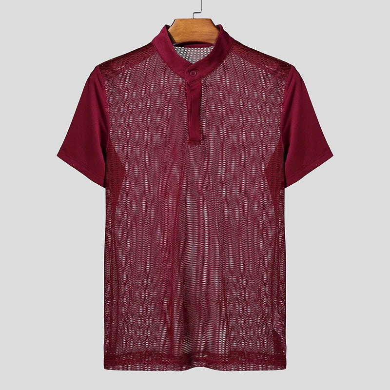 Mesh Patchwork Transparent Turtleneck T-Shirt