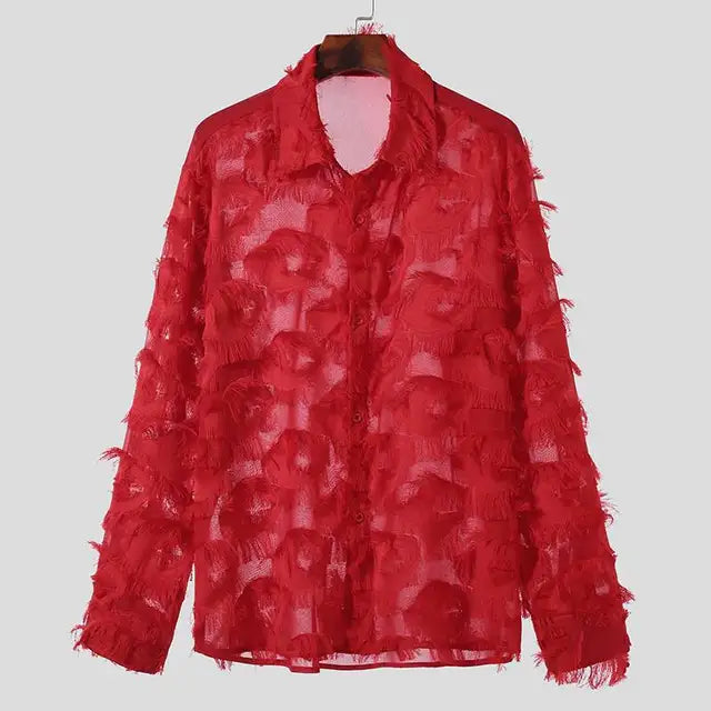 Bright Red Tassel Lapel Long Sleeve Shirt