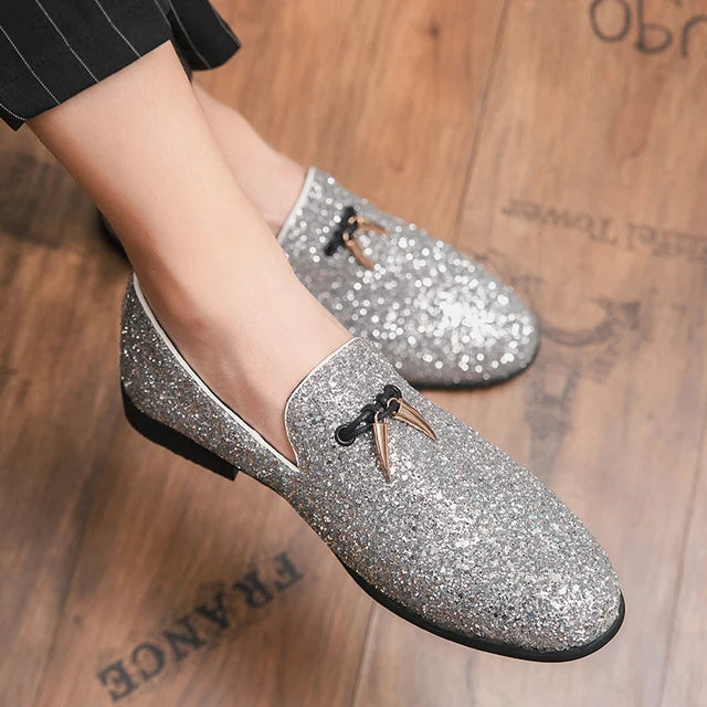 Sparkling Silvery Tassel Leather Loafers