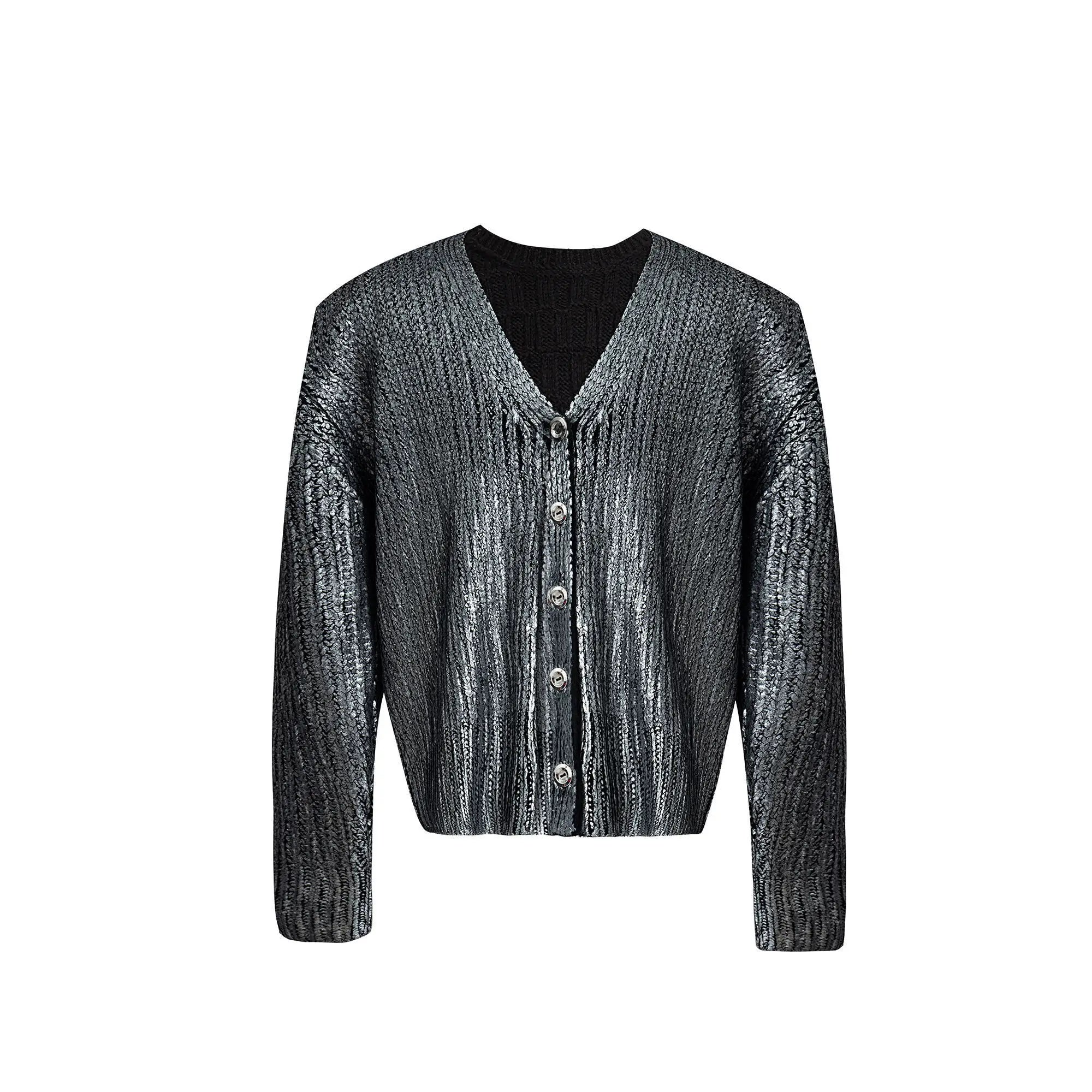 Deep V-Neck Silver Knitted Loose Cardigan