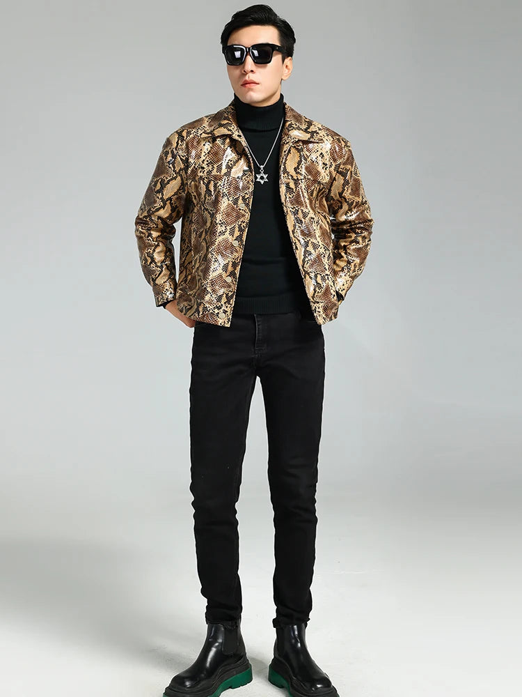 Brown Snakeskin Print PU Leather Jacket