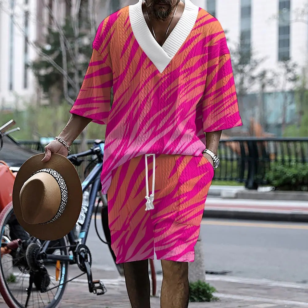 Pink Printed V-Neck Half-Sleeve Shorts Set