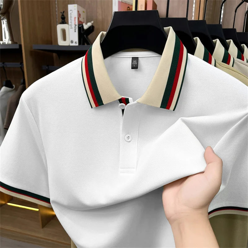 Stripes Color Blocked Lapel Polo Shirt