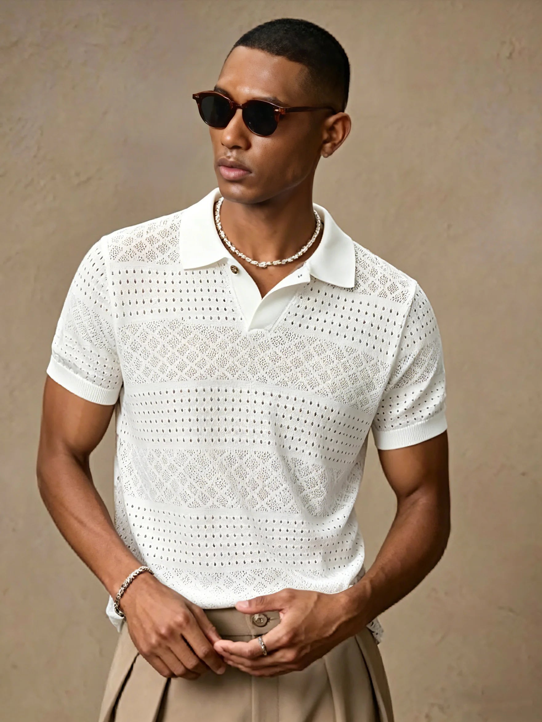 Breathable Hollow Out Knit Polo Shirt