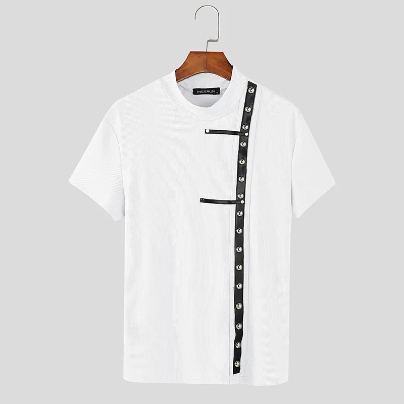 Spliced Metal Leather Buckle T-Shirt