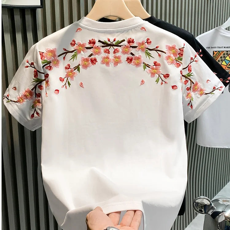 Floral Embroidery Cotton Polyester T-Shirt