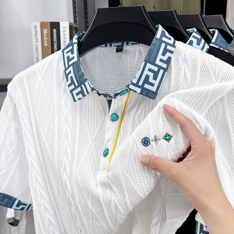 Geometric Collar Cable Knit Polo Shirt