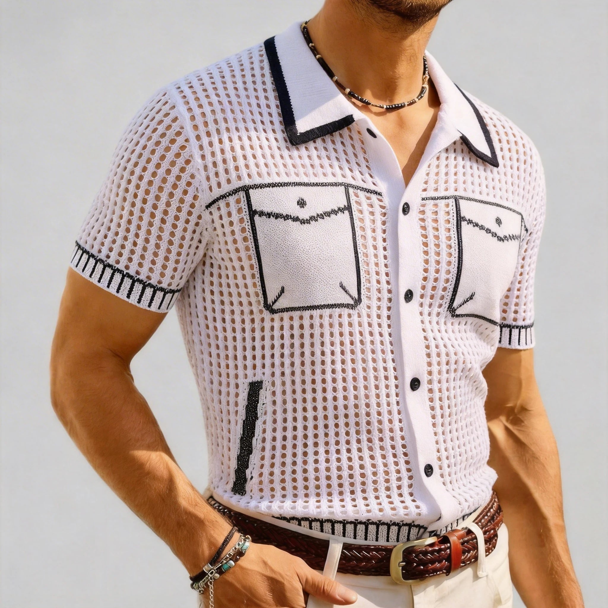Hollow Out Knit Short-Sleeved Shirt