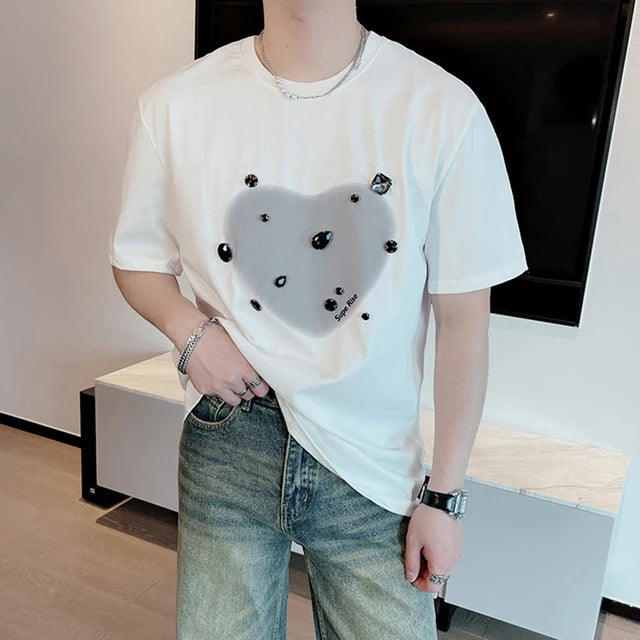Heart Pattern Rhinestone Decoration T-Shirt
