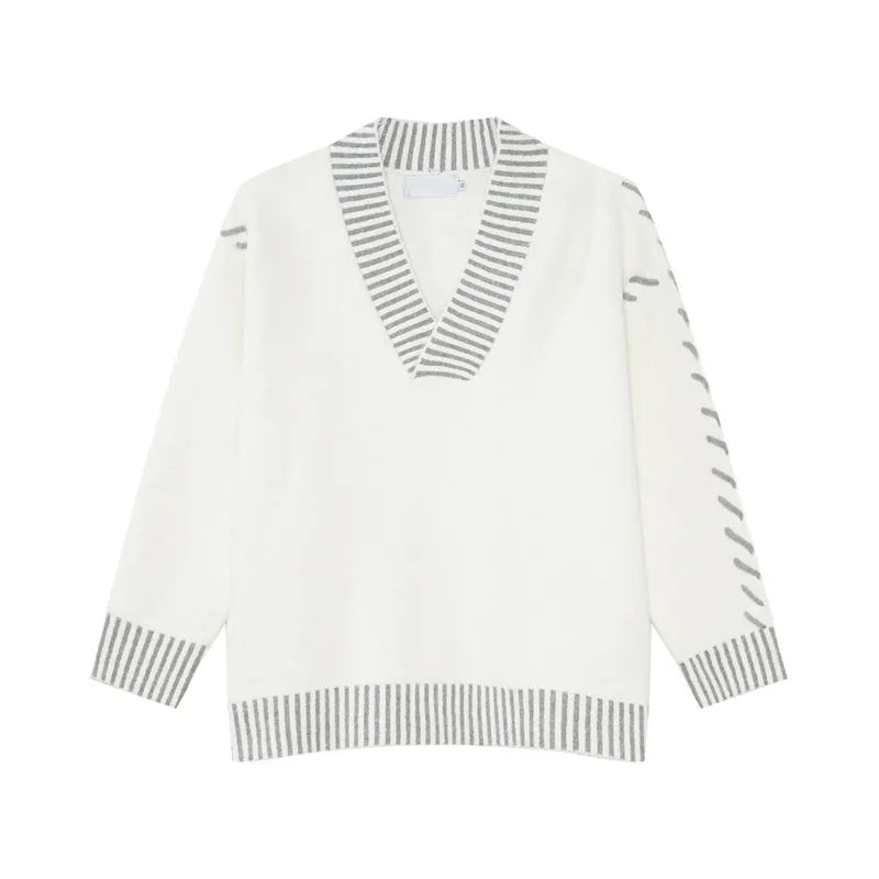 Casual Big V-neck Contrast Color Pullover