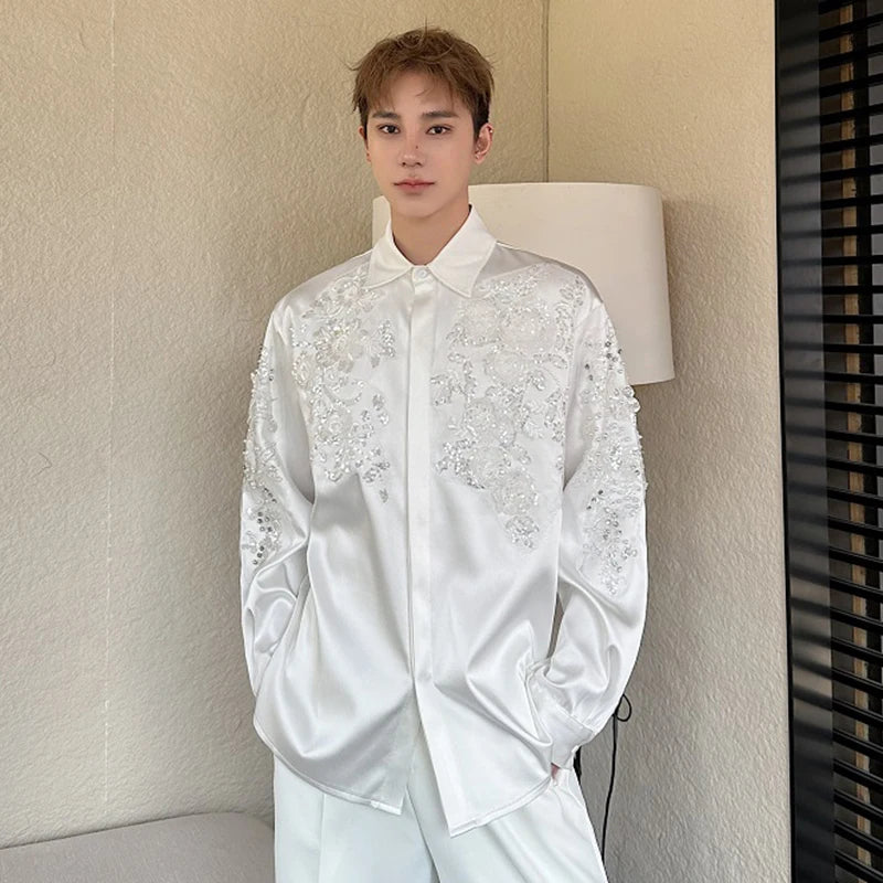 Solid Lapel Sequin Embroidered Shirt