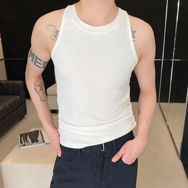 Solid Elastic Knitted O-Neck Tank Top