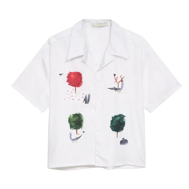 Tree Cartoon Print Lapel Collar Shirt
