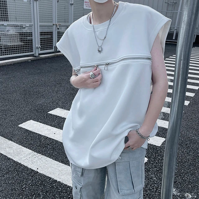 Double Zipper Loose Solid Tank Top