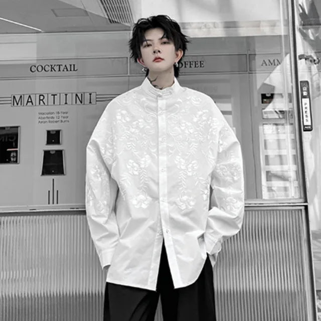 Solid Flower Embroidery Loose Shirt