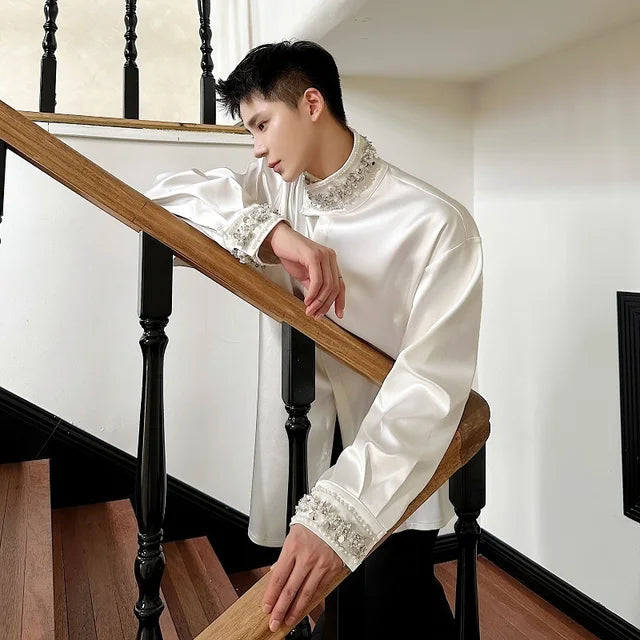 Solid B&W Collar Cuff Rhinestone Shirt