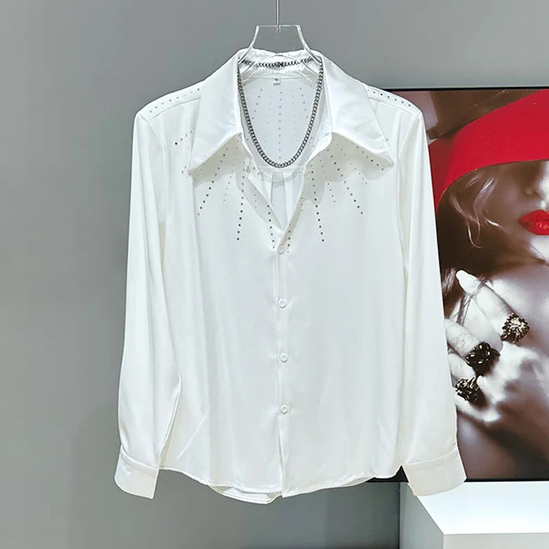 Rhinestone Around Collar Long Sleeve Shirt