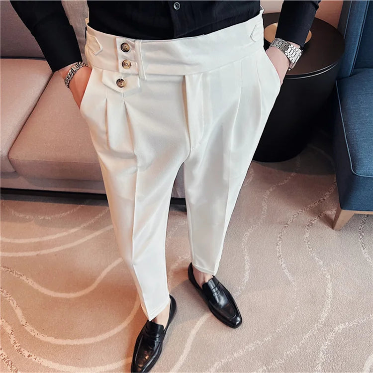 Solid Casual High Waist Button Trousers