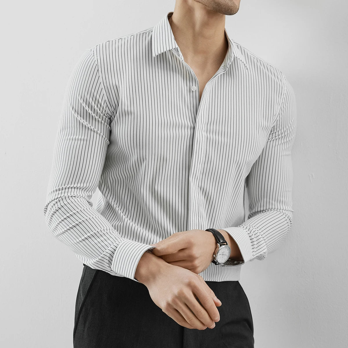 Striped Hidden Button Long Sleeve Shirt