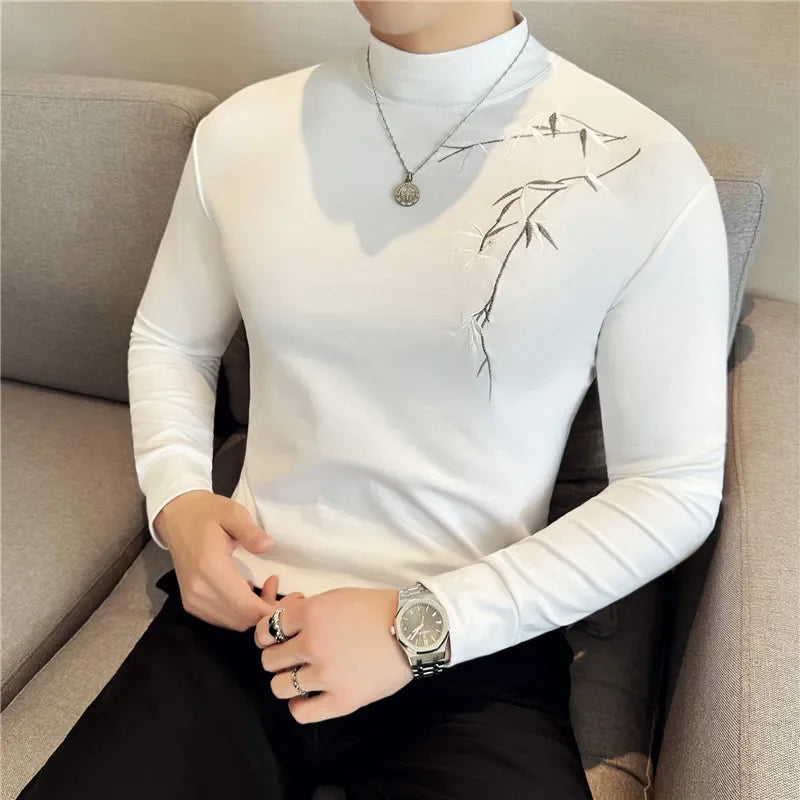 Solid Embroidered Turtleneck T-Shirt