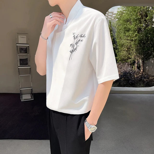 Solid Chest Embroidery Stand Collar Shirt