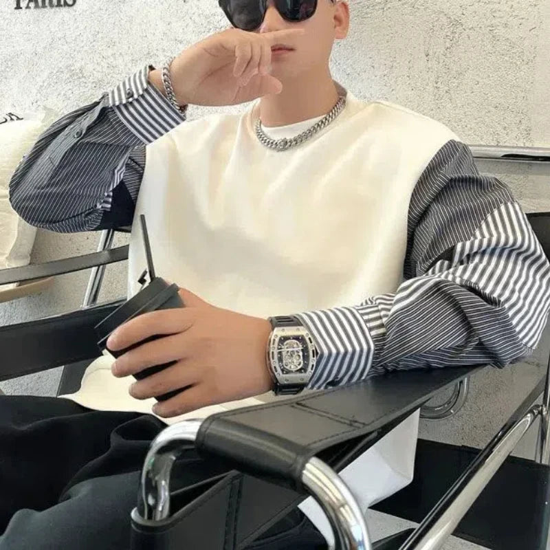 Solid Striped Patchwork O-Neck Sweatshirt