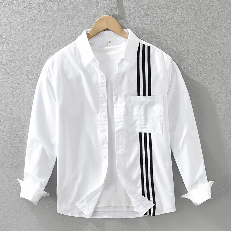 Cotton Long Sleeve Solid-Stripes Shirt
