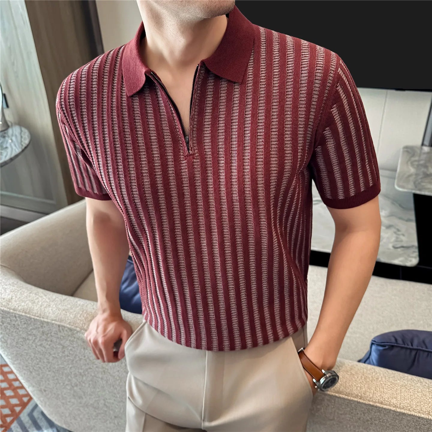 Stretchy Striped Casual Men's Polo Shirt