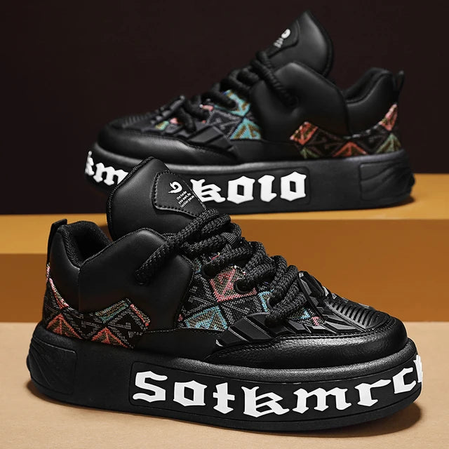 Geometric Pattern Letter Leather Sneakers
