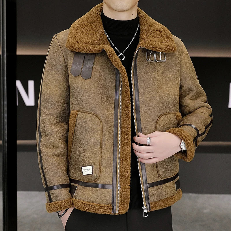 Lines Spliced Faux Fur Pockets Jacket