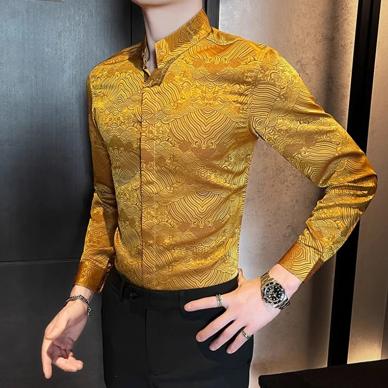 Geometric Printed Stand Up Collar Shirt