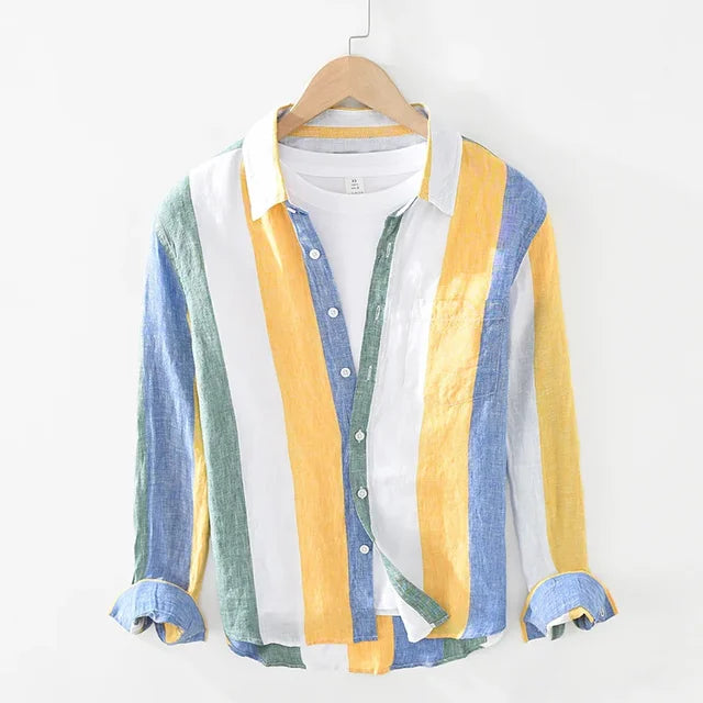 Linen Long-Sleeved Color Block Shirt