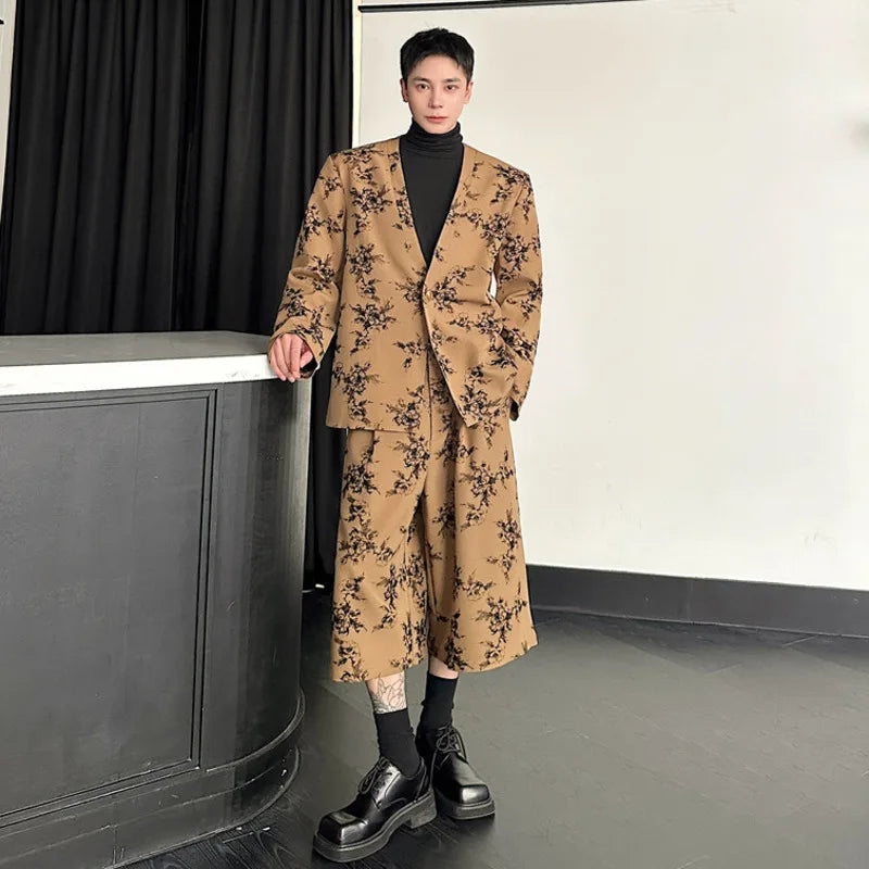 Brown Floral Collarless Loose Pants Set