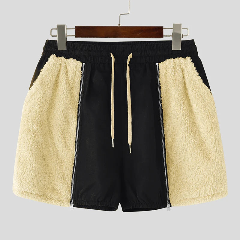 Fleece Plush Patchwork Drawstring Shorts