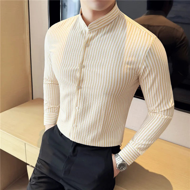 Vertical Striped Stand-up Collar Shirt