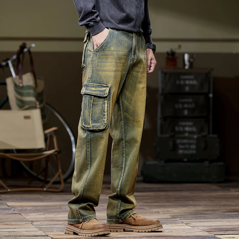 Washed Multi-Pocket Cargo Straight Jeans