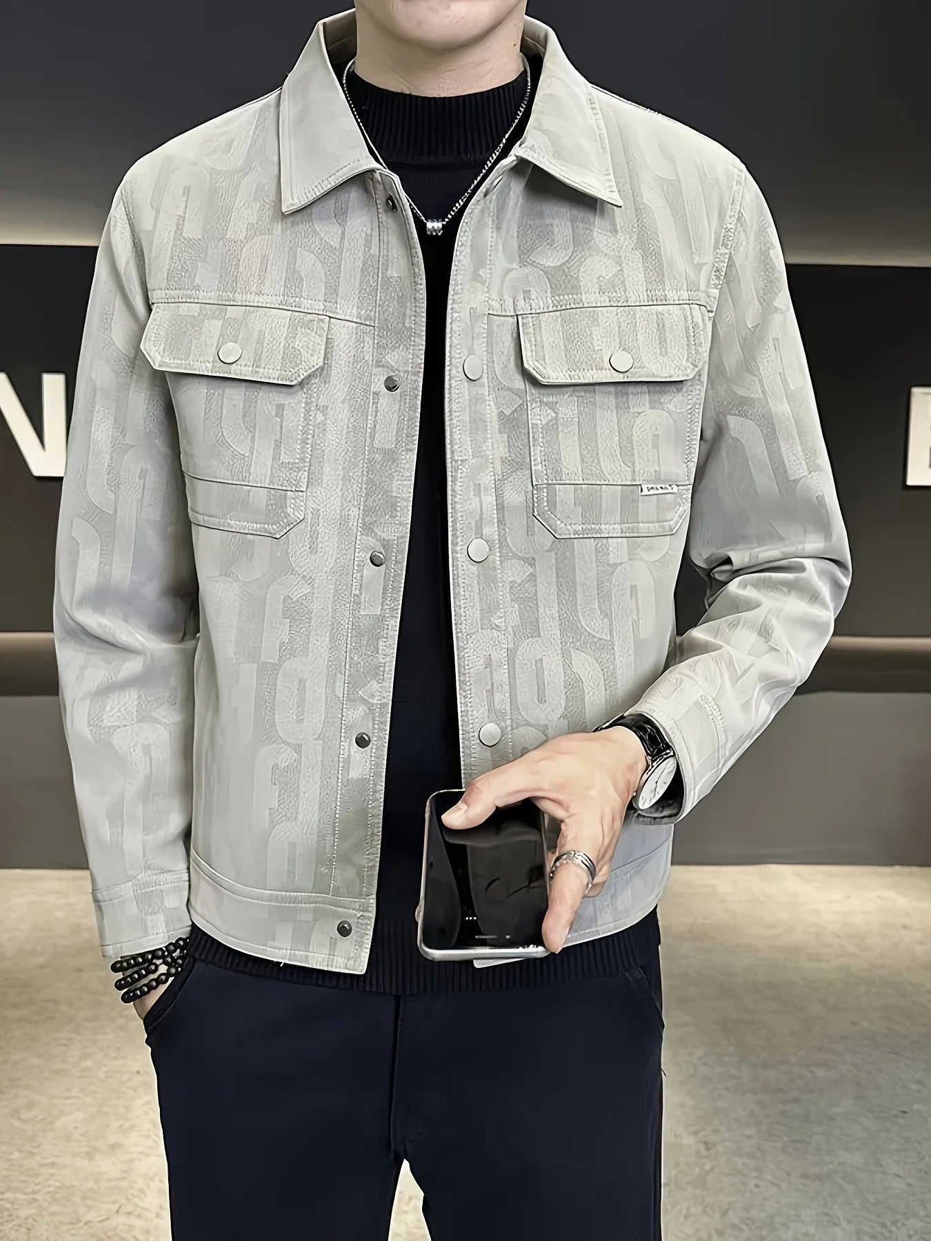 Letter Printed Design Button-Up Jacket