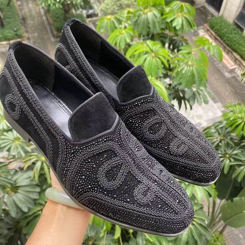 Black Suede Luxury Rhinestone Loafers
