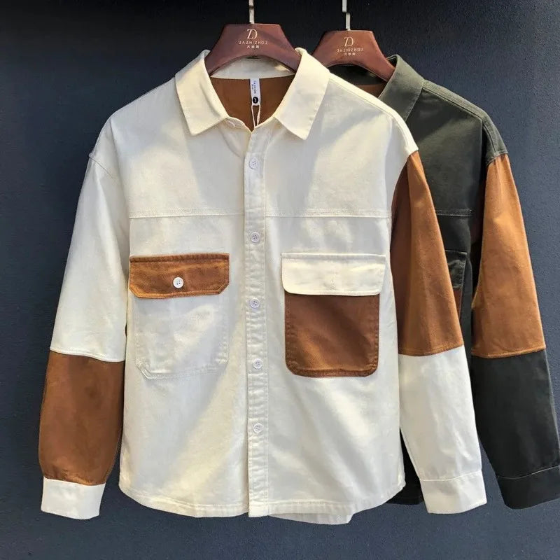 Retro Splicing Contrast Work Shirt