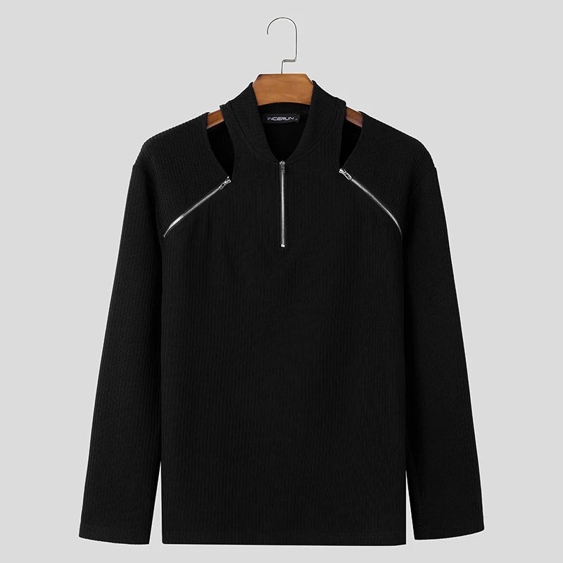 Knitted Hollow Zipper Design Long Sleeve T-Shirt